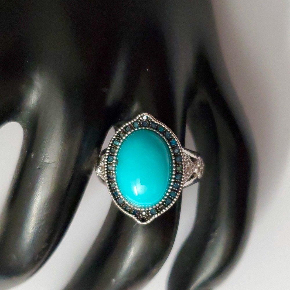 Sterling Silver 925 Blue Diamond Halo Sleeping Beauty Turquoise Ring